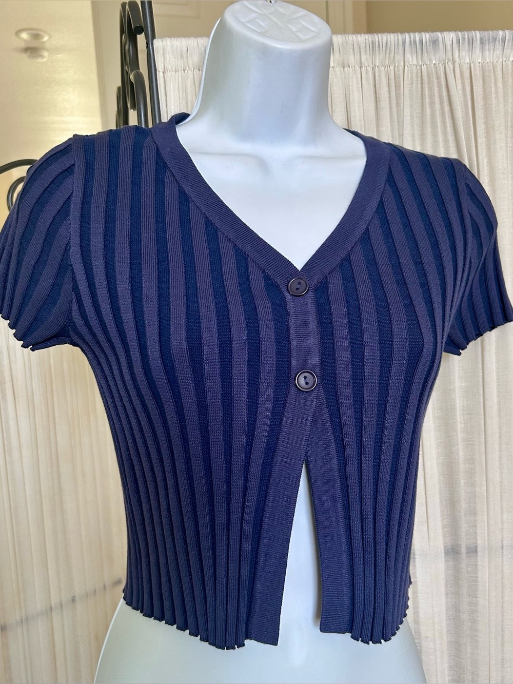 Navy Ribbed V-Neck Crop Top with Buttons